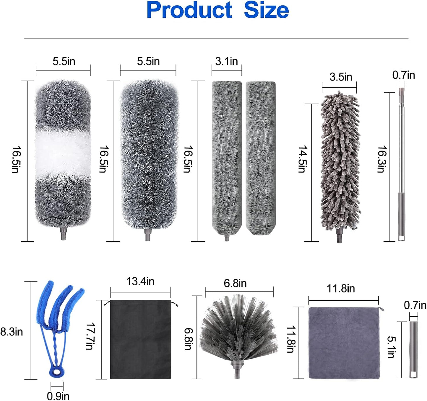 Microfiber Duster Kit (11PCS) - Washable Dusters with Extension Pole (30 to 100 in) for Cleaning Ceilings, Fans, Furniture