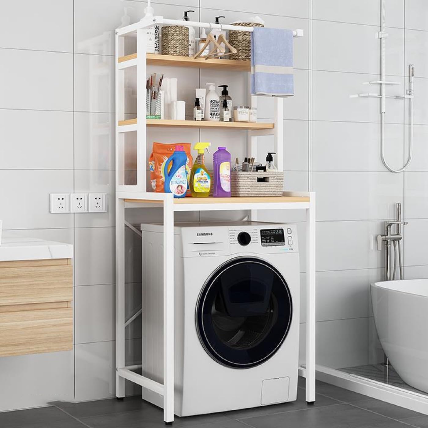 3 Tier Wooden Over The Washer and Dryer Storage Shelf, Bathroom Shelf Washing Machine Storage Shelves Utility Rack Freestanding Laundry Drying Rack Heavy Duty for Bathroom
