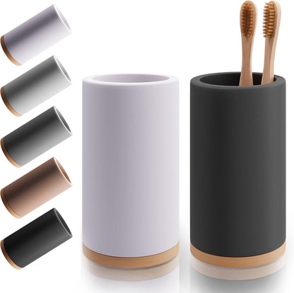 Matani Bamboo Toothbrush Holder Diatomite Tooth Brush Organizer - Storage Stand for Small Bathroom & Counter - Removable Base & Drain Holes, Water-Absorbent & Quick-Drying (Brown)