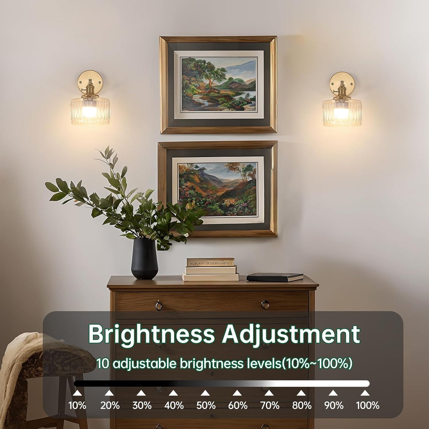 Shenmoyl Battery Operated Wall Sconce with Green Striped Shade Pattern Glass Adjustable Chain Retro Gold Wall Mounted Light, Modern Wall Lamp Fixtures Decor for Bedside Bedroom Indoor Doorway