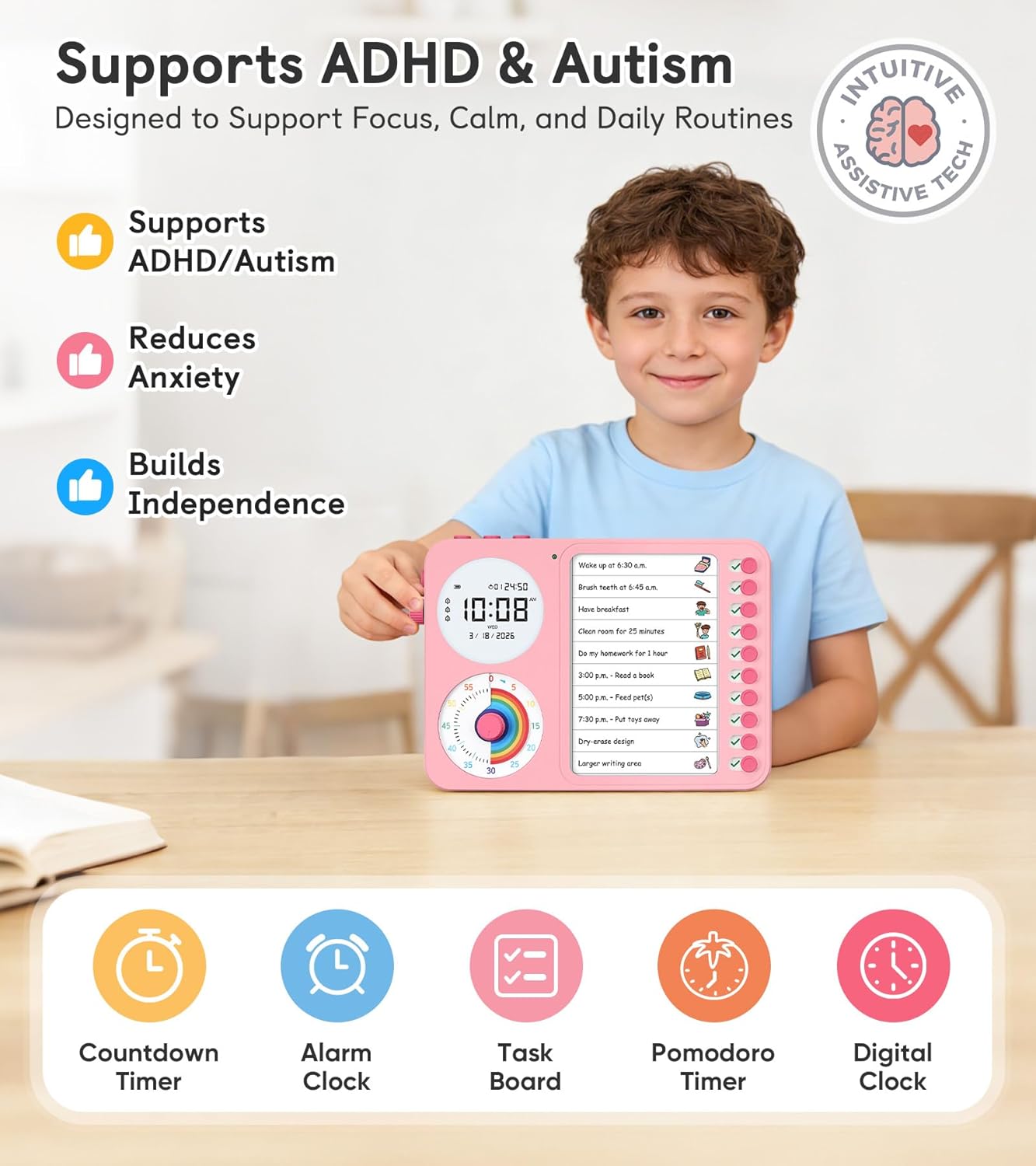 3-in-1 Visual Timer & ADHD Tool for Kids with Chore Chart & Planning Board | ADHD Timer with Digital Clock, Silent Task Timer for Adults with Visual Schedule for Home, School, Classroom, Work (Pink)