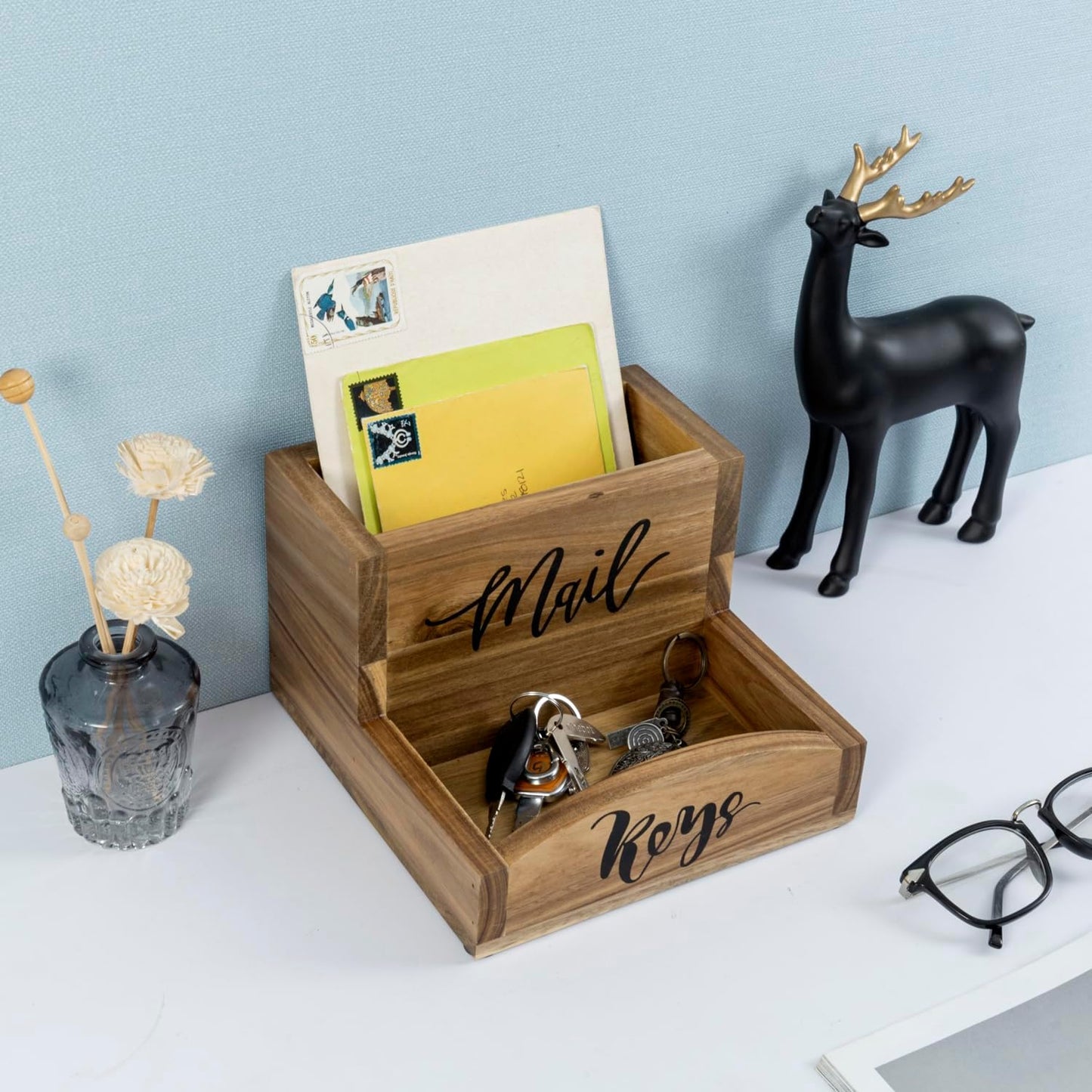 MyGift Rustic Torched Wood Mail Holder and Key Organizer Entryway Storage Tray with Cursive Mail and Keys Word Design, Office, Dorm, Classroom Desktop Organizing Bin