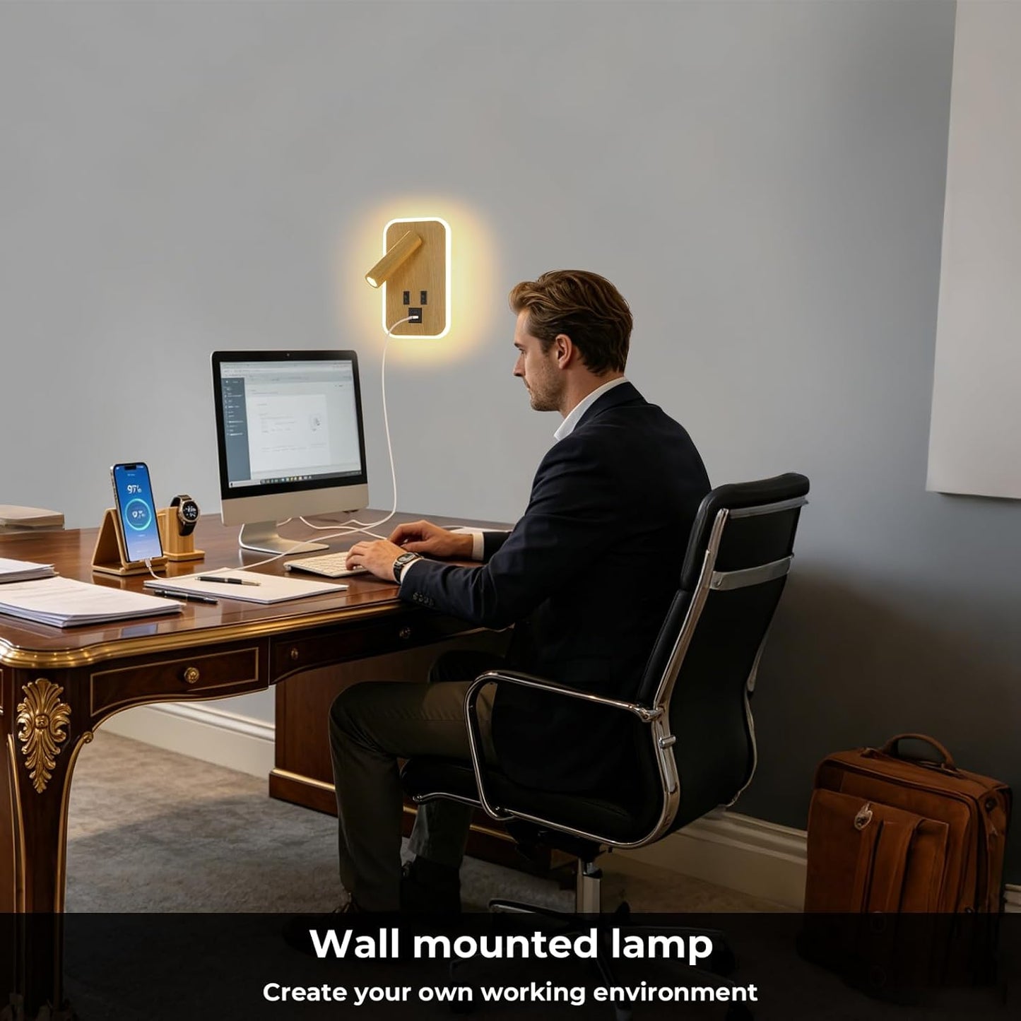 Plug in Wall Sconce with Wall Mounted Reading Lights with Switch | Wall Lamp for Bedroom with Charging Station USB C+A Ports,Bunk Bed Lights with 3W+9W Night Light,Walnut Color Reading Light