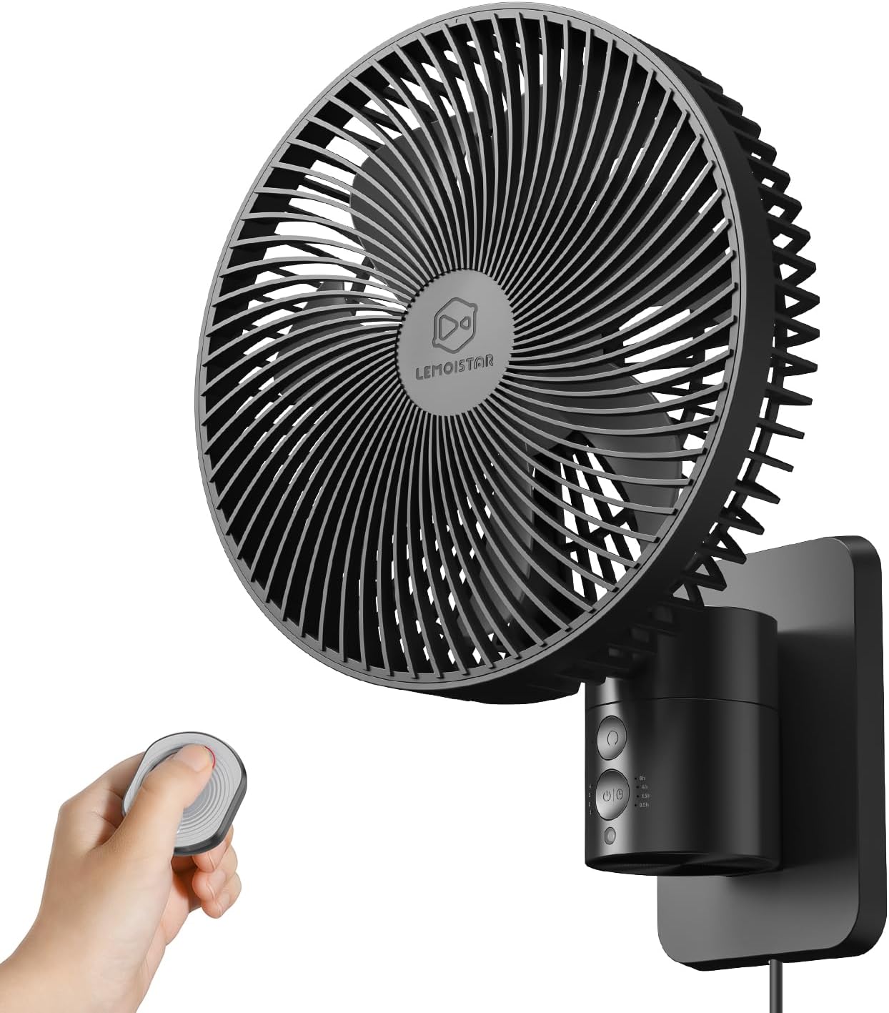 LEMOISTAR 8 Inch Small Wall Mounted RV Fan with Remote Control, 90° Oscillating, 4 Speeds, 4 Timer, Adjustable Tilt, 70 Inch Cord, Quiet, for Corner Bedroom Home Office Garage-Black