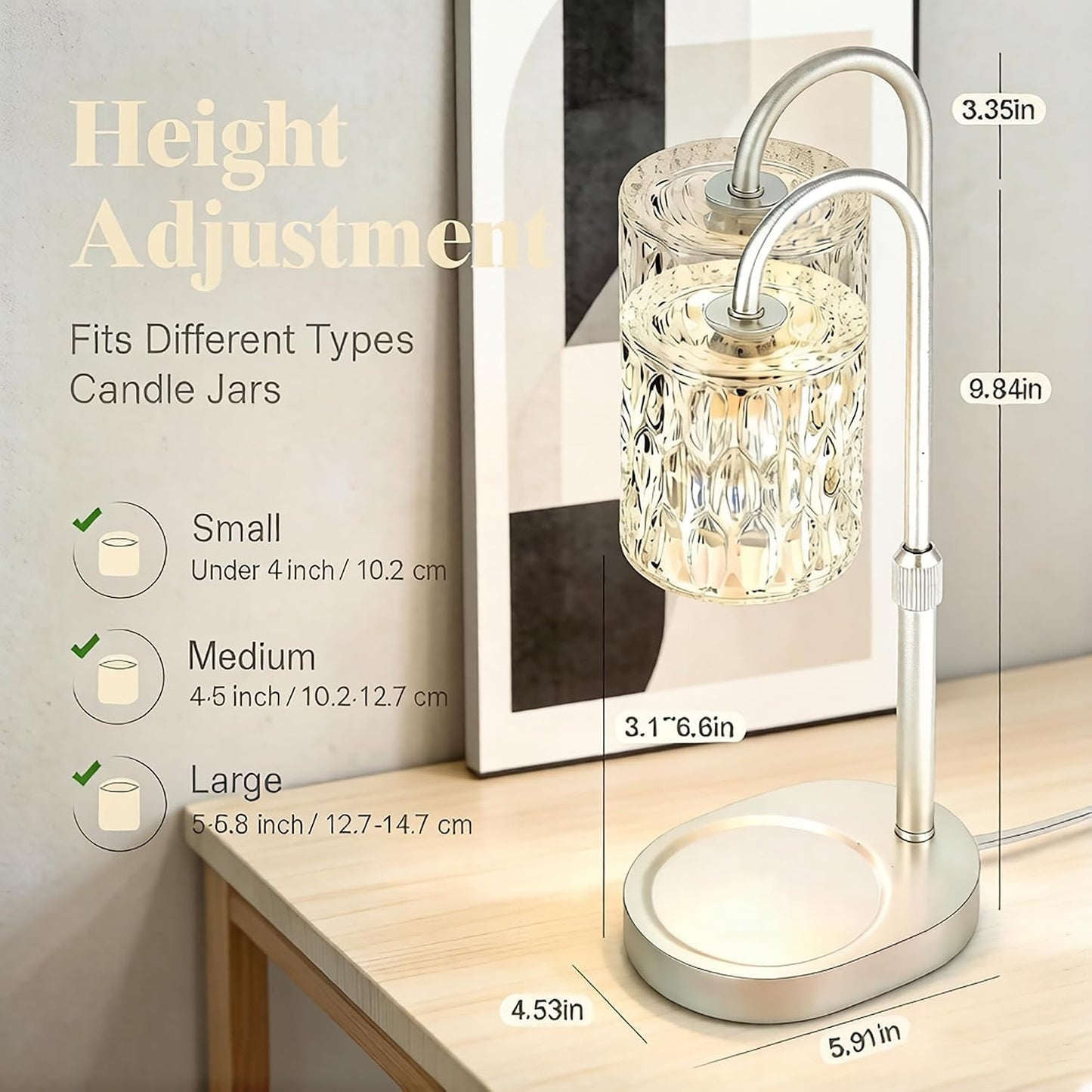 Dreamholder Electric Candle Warmer Lamp with Timer, Dimmable Candle Lamp with Adjustable Height, Wax Melter for Jar Candles Wood Base Floral Home Decor Gifts for Women Mom, Silver Glass