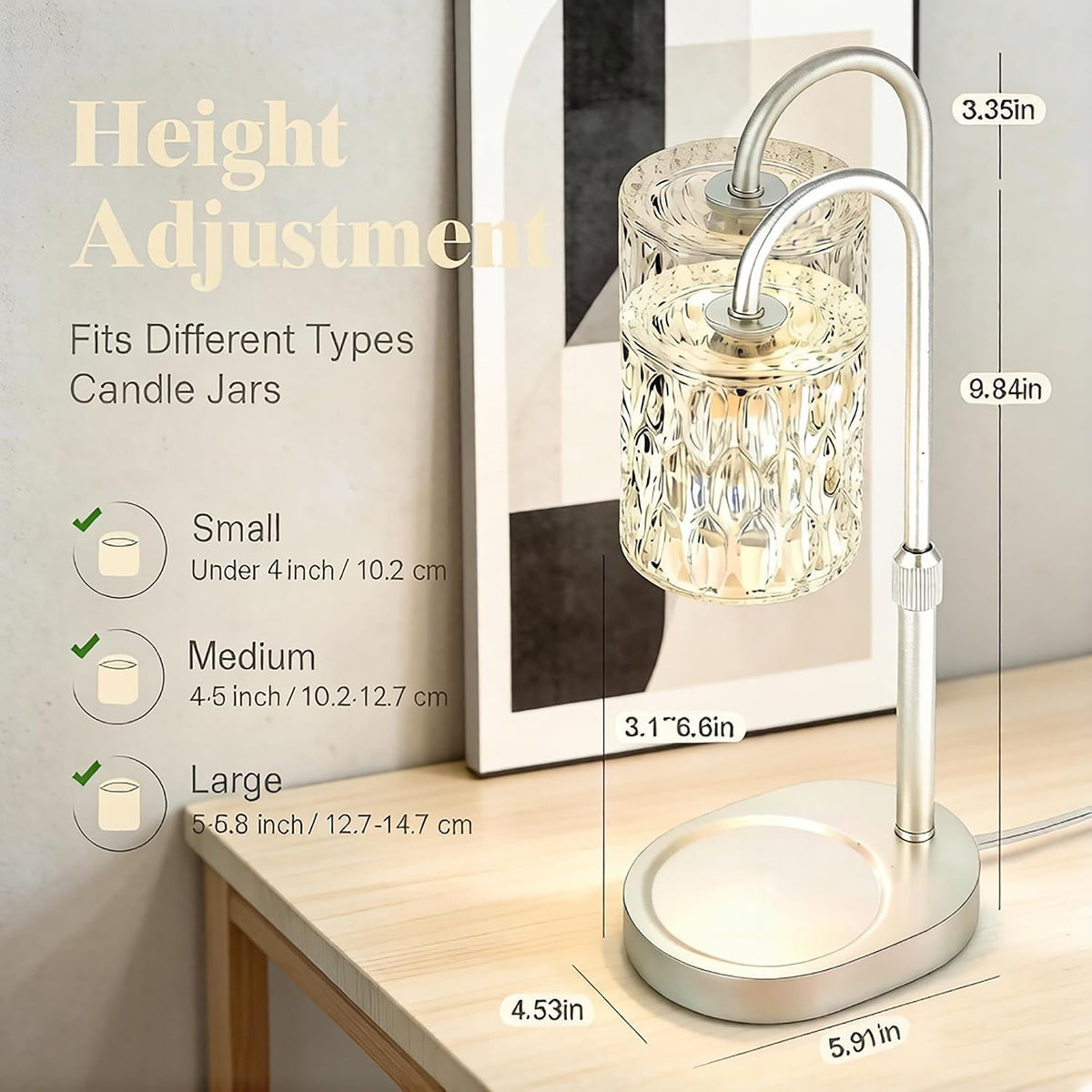 Dreamholder Electric Candle Warmer Lamp with Timer, Dimmable Candle Lamp with Adjustable Height, Wax Melter for Jar Candles Wood Base Floral Home Decor Gifts for Women Mom, Silver Glass