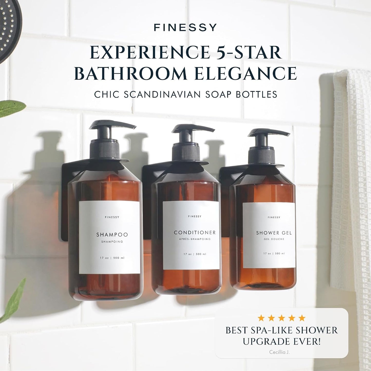 FINESSY Amber Shampoo and Conditioner Dispenser for Shower Wall No Drill | 3 Plastic 17oz Fillable Shower Bottles With Labels. Shower Shampoo Dispenser Wall Mounted. Airbnb Empty Soap Pump Bottles.