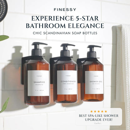 FINESSY Amber Shampoo and Conditioner Dispenser for Shower Wall No Drill | 3 Plastic 17oz Fillable Shower Bottles With Labels. Shower Shampoo Dispenser Wall Mounted. Airbnb Empty Soap Pump Bottles.