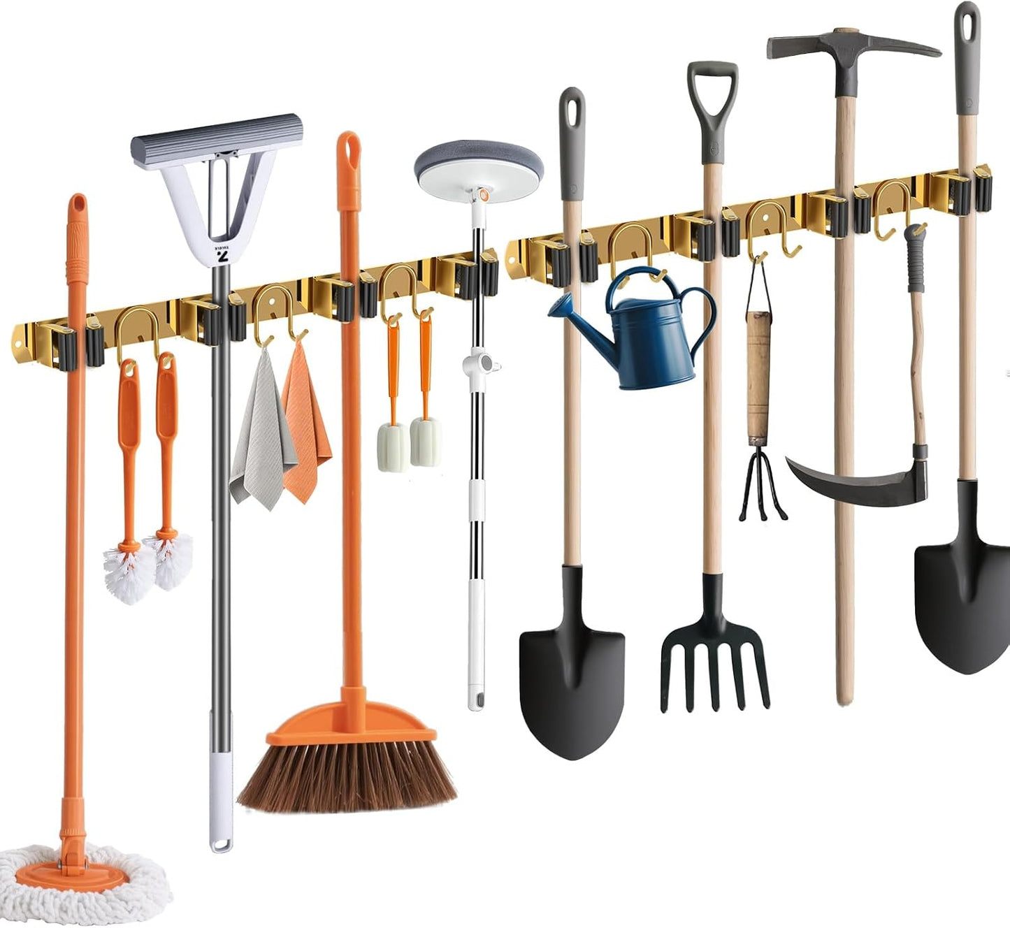 Mop Broom Holder Wall Mount, Gold Stainless Steel Tool Storage Organizer for Kitchen Garden Garage Laundry Room Bathroom and RV with 4 Slots 6 Hooks