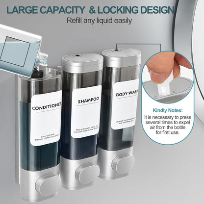 Shampoo Conditioner Shower Soap Dispenser 3 Chamber Wall Mount Black | Refillable. Leakproof 900ml. No-Drill Wall Mount. Soap, Shampoo, Conditioner, Body Wash, Shower Gel, Bathroom Set. BPA-Free.