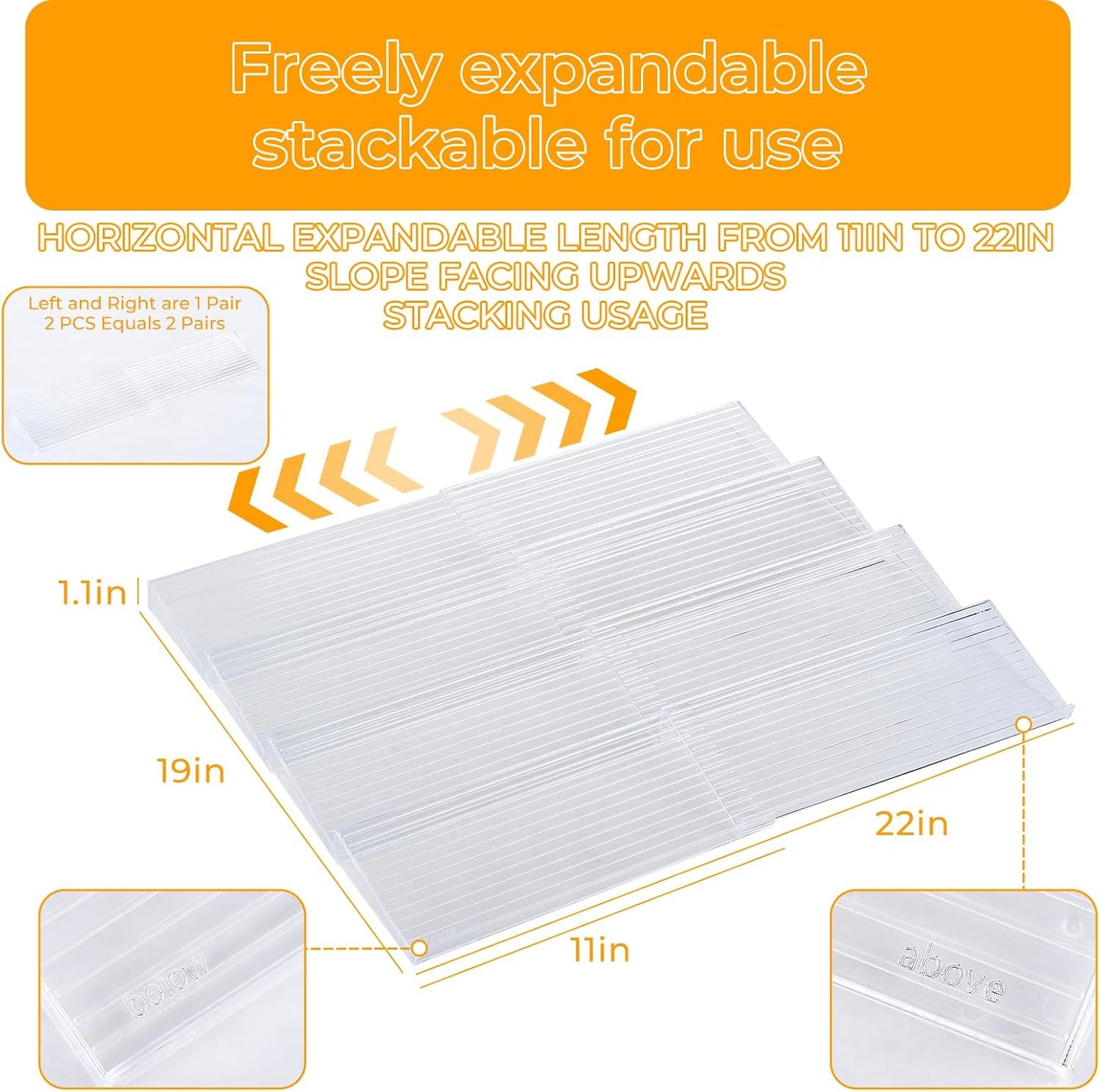 UFORU Acrylic Drawer Spice Organizer 4 Pack,Expandable 11‑22" Tray | Clear Tiered Spice Rack for Drawer,Seasoning Organizer,Hold Up to 24 Standard Spice Jars,No Assembly,Jars Not Included