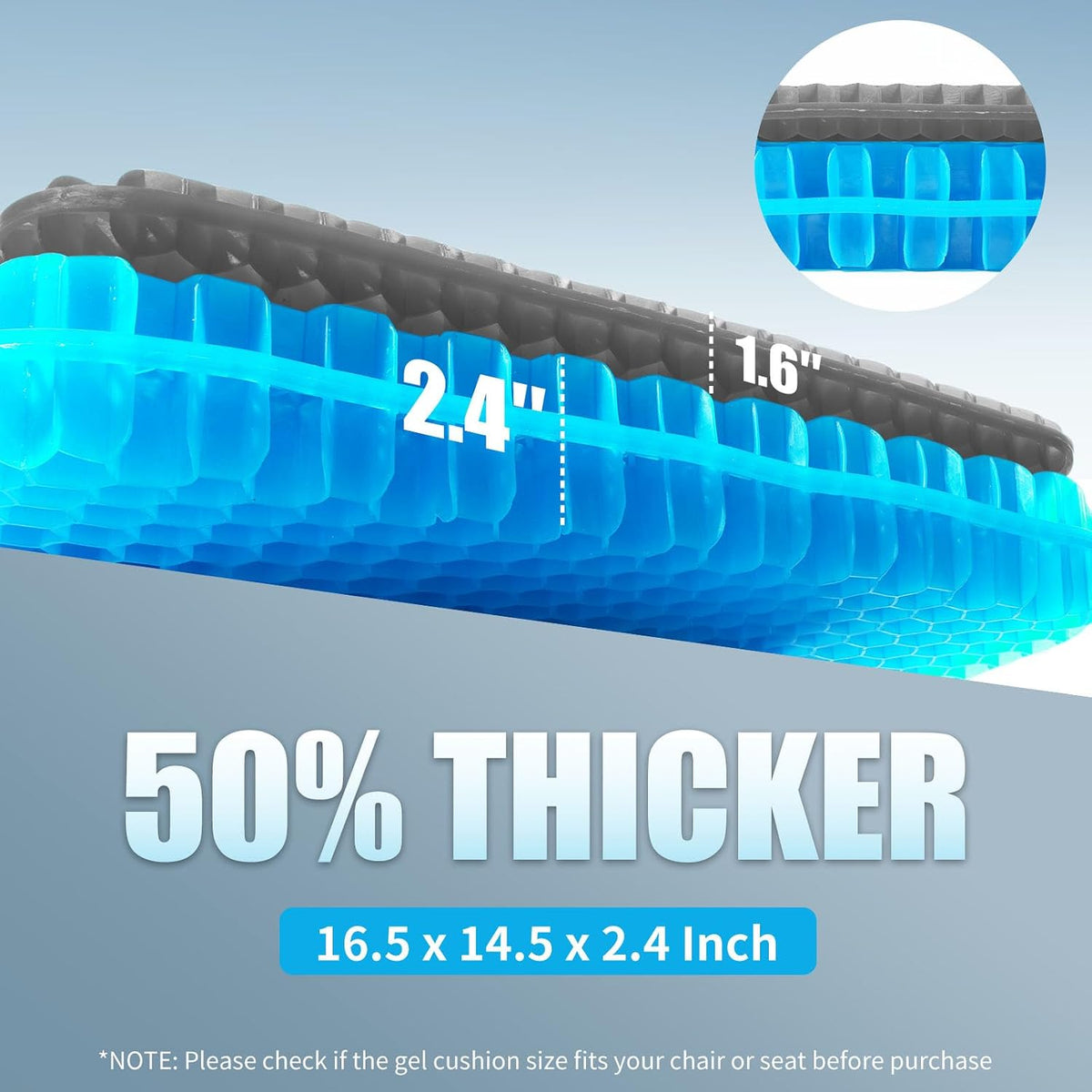 Gel Seat Cushion for Long Sitting - 16.5" x 14.5" x 2.4" (Extra Thick＆Soft)