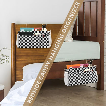 Black Bedside Caddy Storage Bag Bedside Organizer for Bed Rails College Dorm Room Organizer Caddy Hanging Shelf 6 Pockets with Hooks for Drinks Magazine Phone Holder