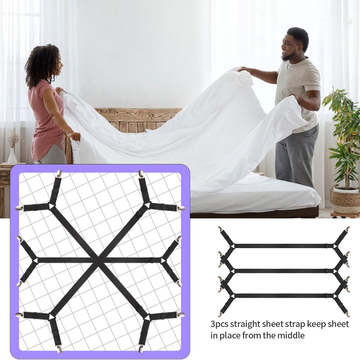 Luyena Bed Sheet Straps 3 Pack, Adjustable Elastic Bed Sheet Holders | Crisscross Design Fitted Sheet Straps for Full Size Mattress, Metal Clips with Non-Slip, Keep Tight in Place, Black