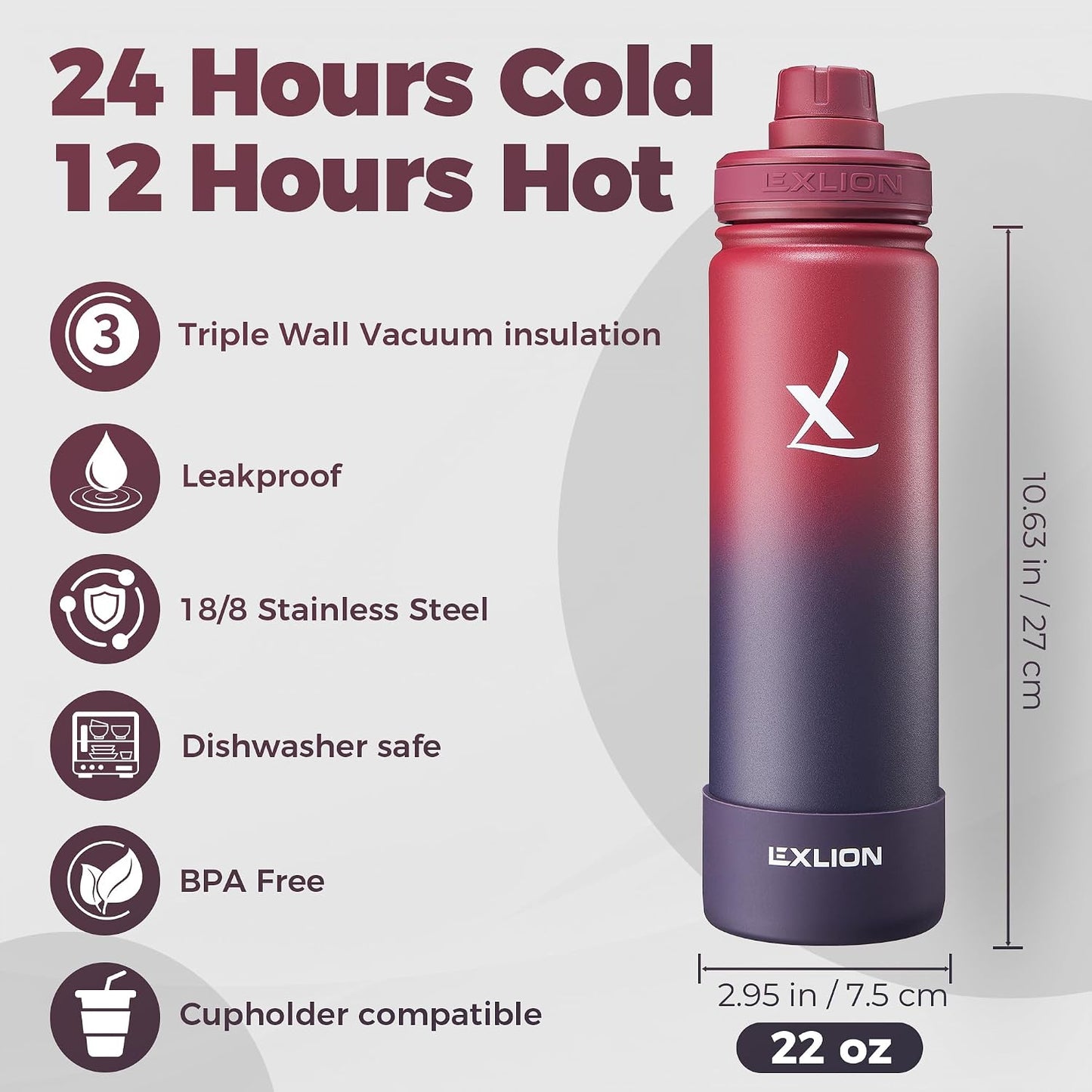 Lexlion Tea Infuser Water Bottle 22 Oz – Triple Wall Insulated Stainless Steel, Loose Leaf & Fruit Strainer, 3 Leakproof Lids, BPA-Free Silicone Sleeve, Reusable Thermal Mug