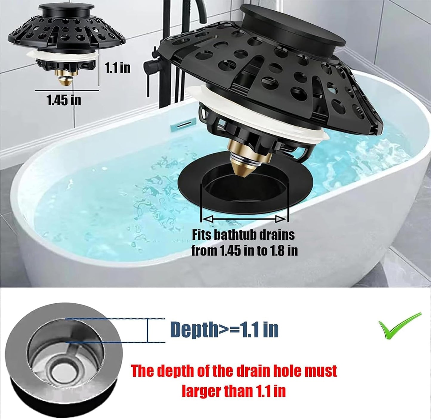 AzWzz Universal Tub Stopper Bathtub Drain Plug, Pop Up Tub Drain Hair Catcher, Drain Cover with Strainer, for 1-3/8 to 2in Bath Drain Hole