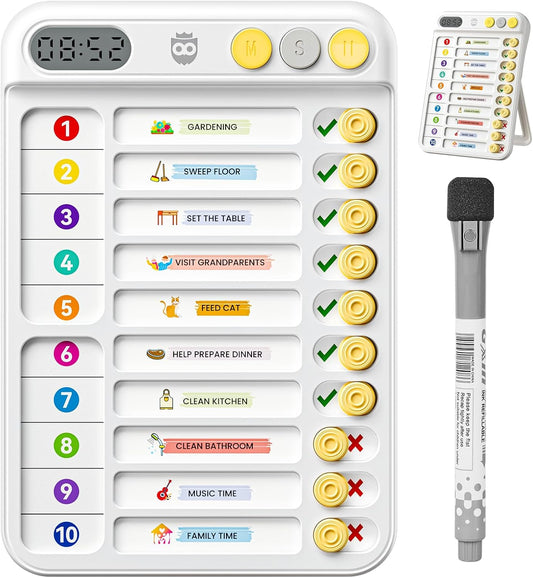 Chore Chart for Kids with Timer, 21 PCS Checklist Magnetic Schedule Board, ADHD Tools with 99-Min Countup/Down Visual Timer, Bedtime/Morning/Daily Routine Chart Dry Erase to Do List with Slider(White)