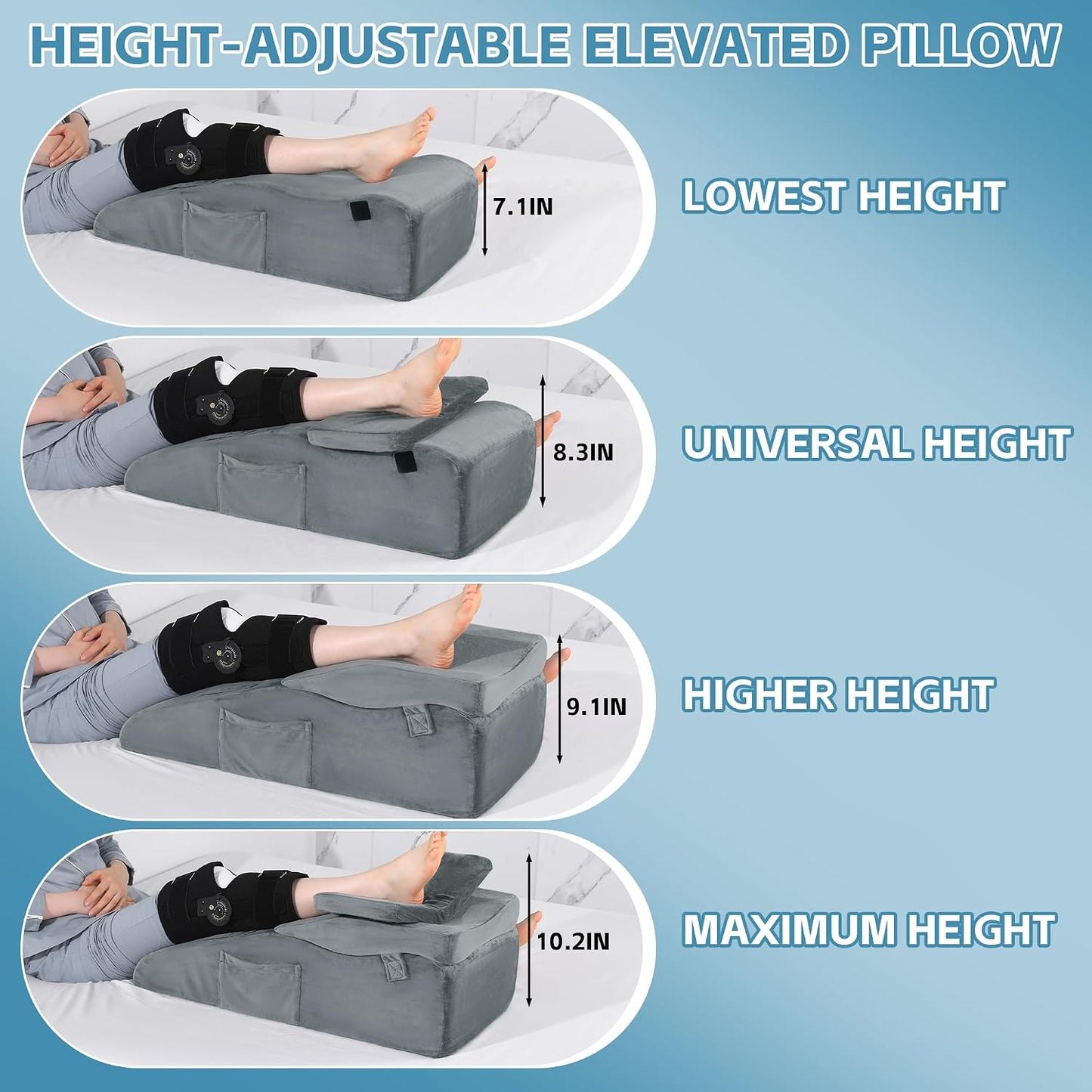 ROYALAY Adjustable Leg Elevation Pillows for After Surgery, Leg Wedge Pillow After Knee Replacement Post Surgery with Machine Washable Cover, Height Adjustable Knee Wedges