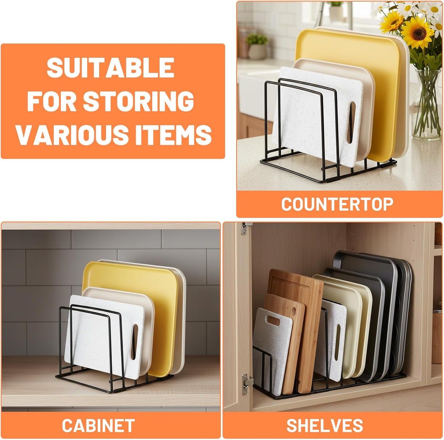 2 Pack 5-Slot Baking Sheet Organizer Rack, Heavy Duty Steel Cutting Board Holder With Rust-Resistant Coating and 8 PCS Anti-Slip Feet, For Kitchen Cabinet Or Countertop Storage, 7.87x7.48x6.38 Inch