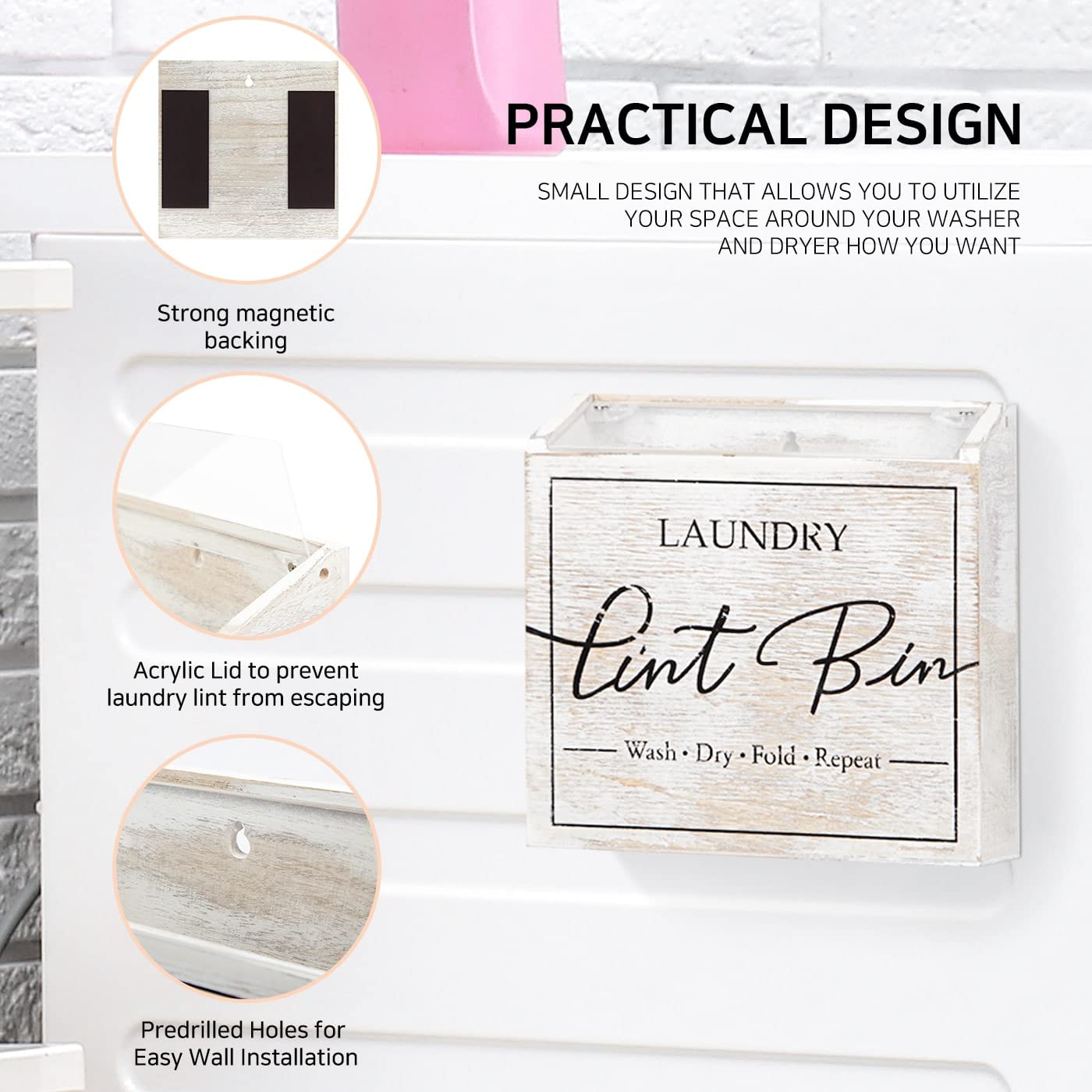 J JACKCUBE DESIGN Magnetic Lint Bin for Laundry Room, Lint Basket Container, Trash Can Box, Organizer, Storage for Washer and Dryer Supplies- White Washed Rustic Wood Wall Mount- MK904A