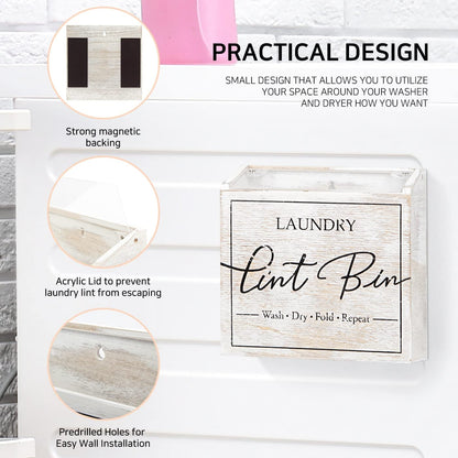 J JACKCUBE DESIGN Magnetic Lint Bin for Laundry Room, Lint Basket Container, Trash Can Box, Organizer, Storage for Washer and Dryer Supplies- White Washed Rustic Wood Wall Mount- MK904A