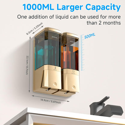 Shampoo and Conditioner Dispenser,Shower Dispenser 3 Chamber No Drill Shampoo Dispenser for Shower Wall Mounted Shower Soap Dispenser for Bathroom Hotel,Large Capacity 3 * 500ML,Gold