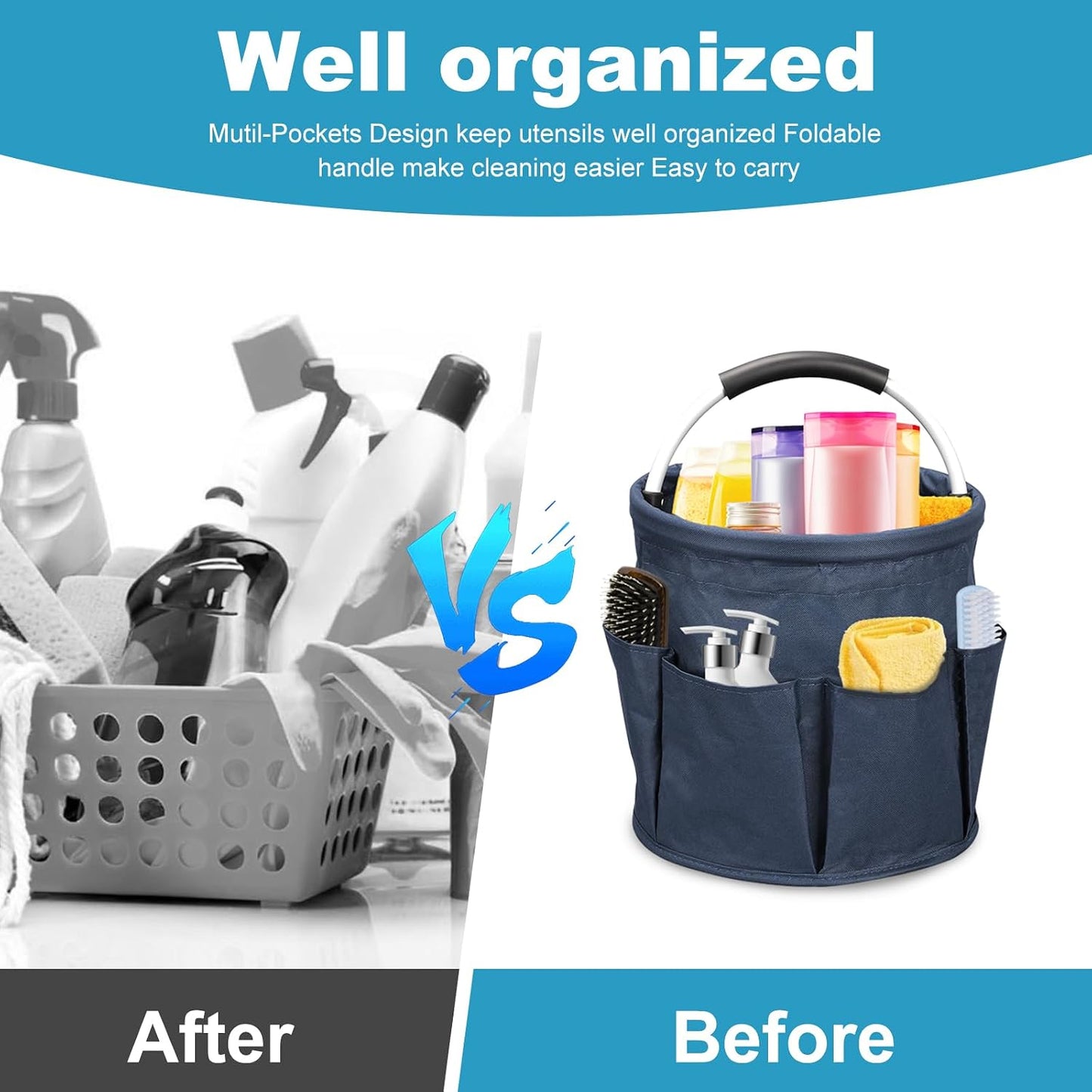 Qivine 17L Cleaning Caddy with Handle, Foldable Cleaning Supply Caddy(Blue) | Cleaning Caddy for Cleaning Supplies, Portable Cleaning Supplies Organizer with 6 Pockets, Cleaning Bucket for Kitchen Garden