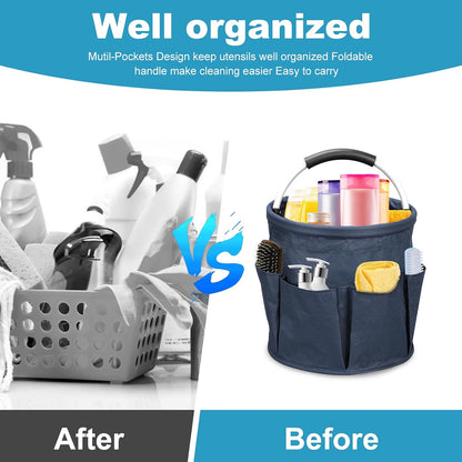 Qivine 17L Cleaning Caddy with Handle, Foldable Cleaning Supply Caddy(Blue) | Cleaning Caddy for Cleaning Supplies, Portable Cleaning Supplies Organizer with 6 Pockets, Cleaning Bucket for Kitchen Garden