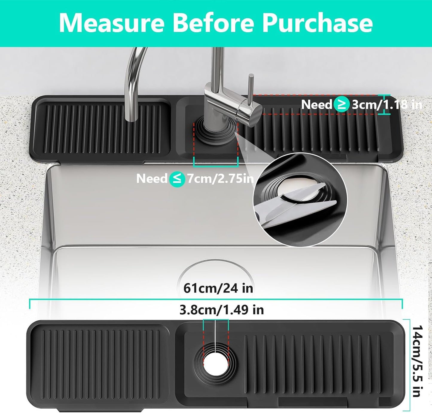 24 Inch Longer Faucet Mat for Kitchen Sink [5° Slope Fast Self-draining]Bathroom Kitchen Sink Splash Guard Silicone Sinks Faucet Mat Splash Guard for Kitchens Sinks Area Tidy Splashs Draining Mats