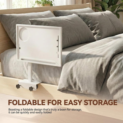 Bedside Shelf Rotating Foldable Tray:Height-Adjustable Clip On Bed Side Tray Table, Tray Table with Sturdy Metal Pole,Fits Bed Frames 0.7"-2.7" Wide for Dorms, Apartments, Bedrooms,Dorm Essentials