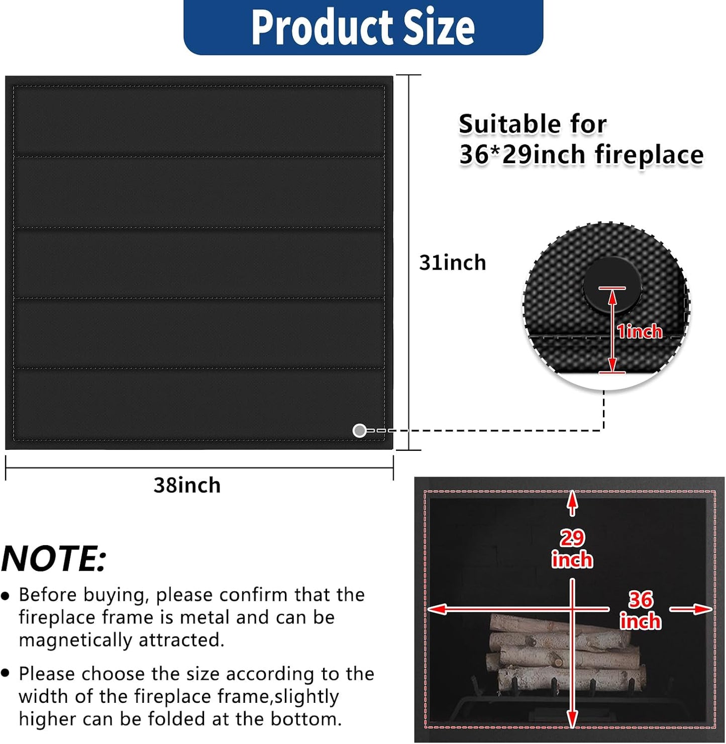 36"x24" Fireplace Cover, Magnetic Fireplace Blocker Blanket Stop Heat Loss | Indoor Fireplace Draft Stopper Save Energy, Magnetic Fireplace Draft Cover for Iron Fireplace Frame
