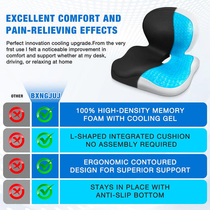 Seat Cushion with Back Support,Cooling Gel Lumbar Support Pillow for Office Chair,Ergonomic Office Chair Cushions for Sciatica and Tailbone Pain Relief,Memory Foam L-Shaped Seat Cushions for Work