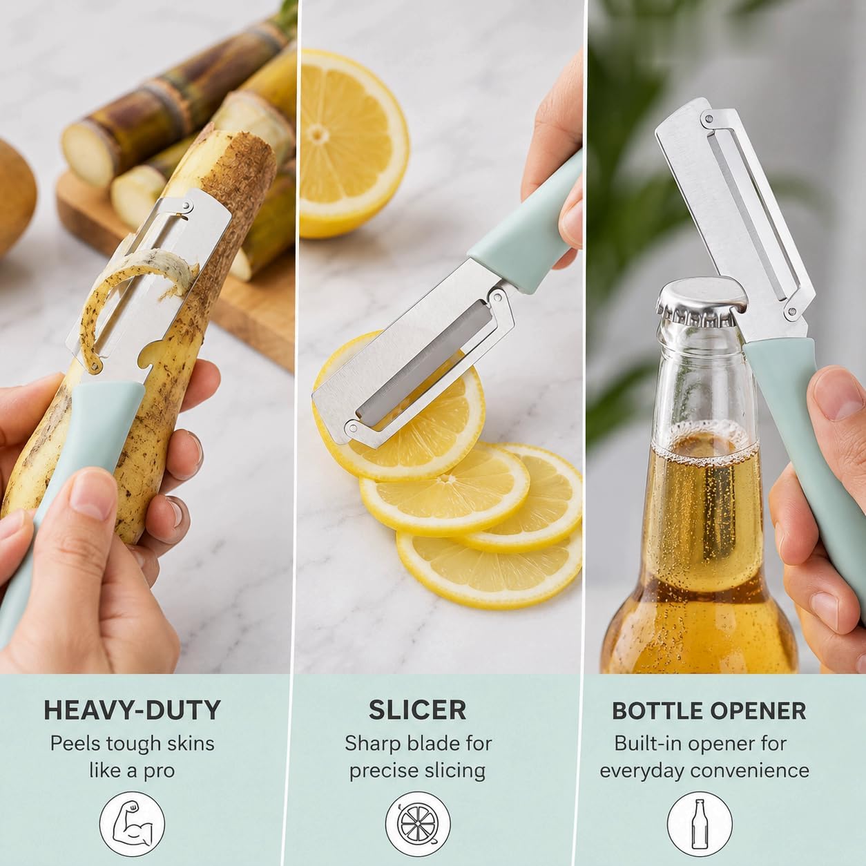 Vegetable Peeler 2 Pack, 3-in-1 Stainless Steel Tool for Kitchen | Fruit peeler and bottle opener with protective covers for drawers, camping, BBQs and RV meal prep