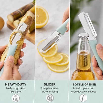Vegetable Peeler 2 Pack, 3-in-1 Stainless Steel Tool for Kitchen | Fruit peeler and bottle opener with protective covers for drawers, camping, BBQs and RV meal prep
