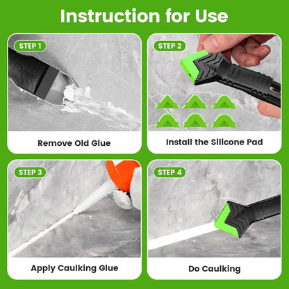 Goopreen 5 in 1 Caulking Tool Silicone Caulking Grout Removal Sealant Finishing Tool with Stainless Steel Head, 6 Replaceable Pads, Gap Seam Repair Kit for Kitchen Bathroom Sink Toilet Caulking