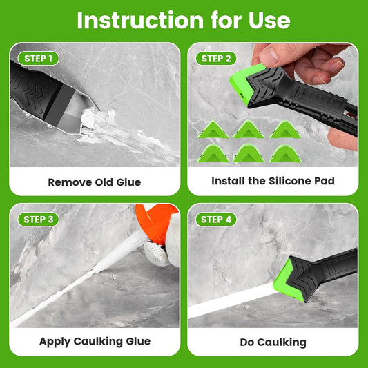 Goopreen 5 in 1 Caulking Tool Silicone Caulking Grout Removal Sealant Finishing Tool with Stainless Steel Head, 6 Replaceable Pads, Gap Seam Repair Kit for Kitchen Bathroom Sink Toilet Caulking