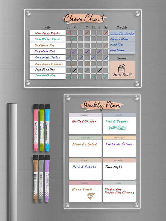 Magnetic Acrylic Weekly Dry-Erase Board -8x12 Inch Fridge Calendar Organizer, Color-Block Design for Clear Visual Planning, with Erasable Magnetic Markers, Ideal for Workers, Students, Home, Office