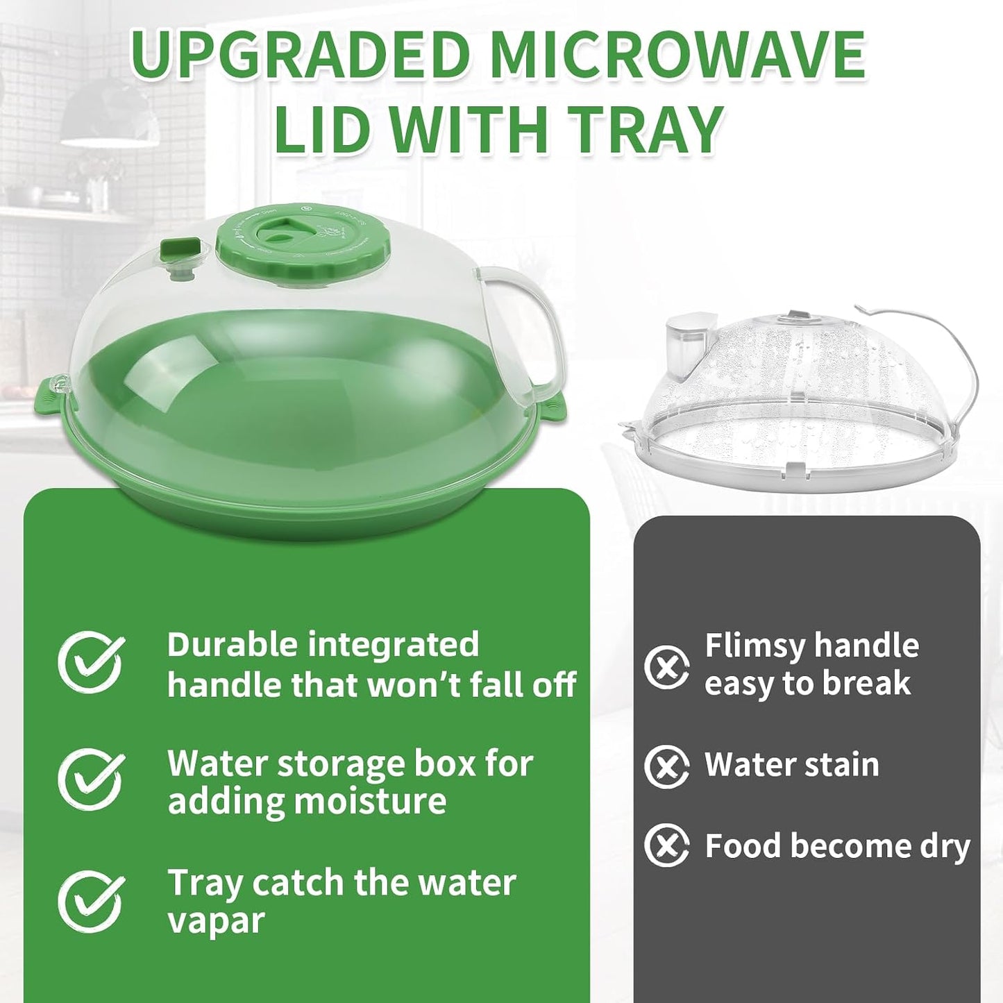 Microwave Splatter Cover Lid for Food 10.2 Inch with Water Steamer, Clear Microwave Splash Guard Cooker Lid with Plate, Dish Bowl Plate Serving Cover Cookware High Transparent Plastic Black
