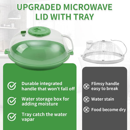 Microwave Splatter Cover Lid for Food 10.2 Inch with Water Steamer, Clear Microwave Splash Guard Cooker Lid with Plate, Dish Bowl Plate Serving Cover Cookware High Transparent Plastic Black