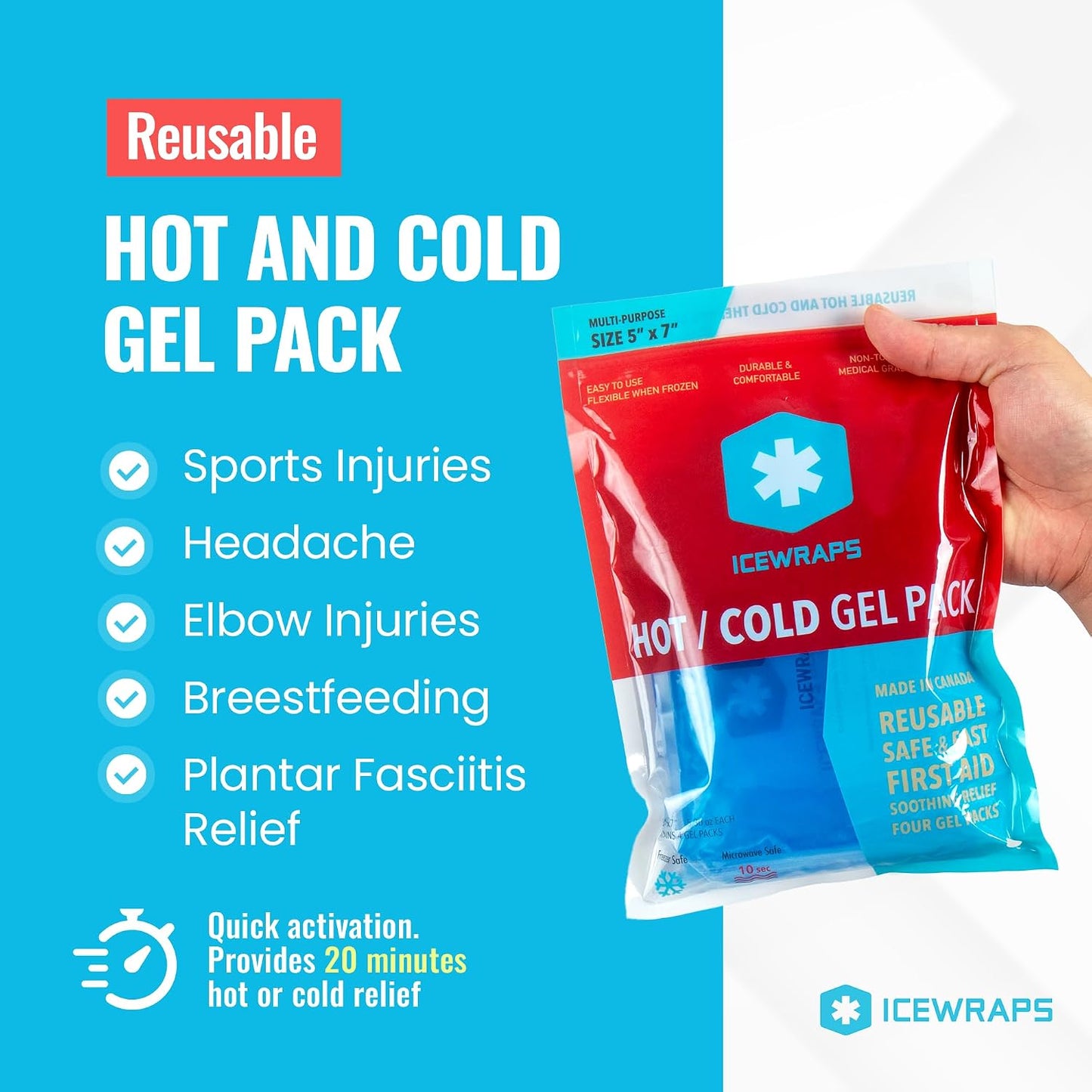 ICEWRAPS Reusable Ice Packs Compact 5 x 7 inches, Soft Cooling Pack 4 Pack | Hot or Cold Use, Puncture Resistant, Flexible Ice Pack for Everyday Comfort, Multipurpose Gel Design, FSA-HSA Eligible