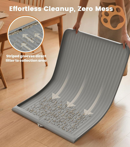 Cat Litter Mat 36"x24", Waterproof Litter Trapping Mat, Grey | Raised Edges Prevent litters, Diversion Grooves, Non-slip Backing, Easy to Clean