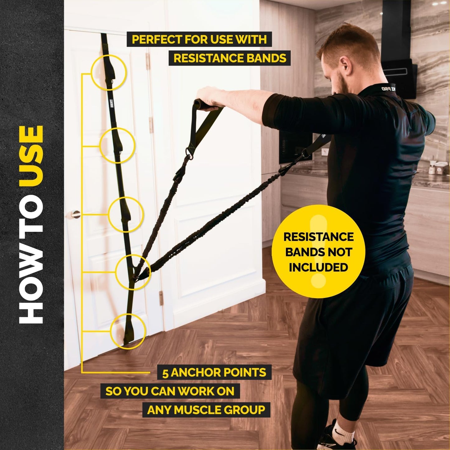 Door Anchor Strap for Resistance Bands with 5 Loops and Metal D-Rings | Fits most doors and resistance bands, 5 anchor points, reinforced nylon, tool-free setup, full-body workout versatility