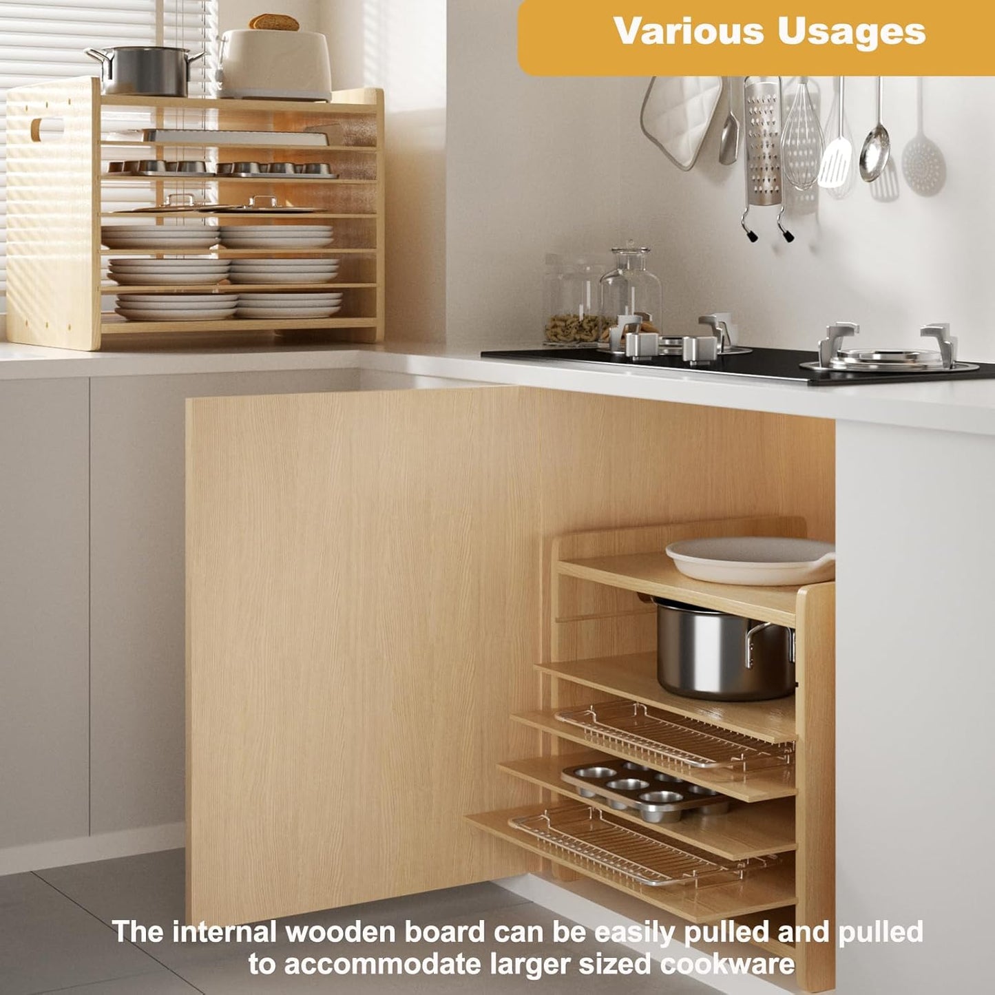 7 Tier Wooden Tray Dividers for Cabinets Cookie Sheet Organizer for Pot, Pans, Baking Tray Organizer for Kitchen Documents Storage(20" W x 16.5" H x 15.2" D)