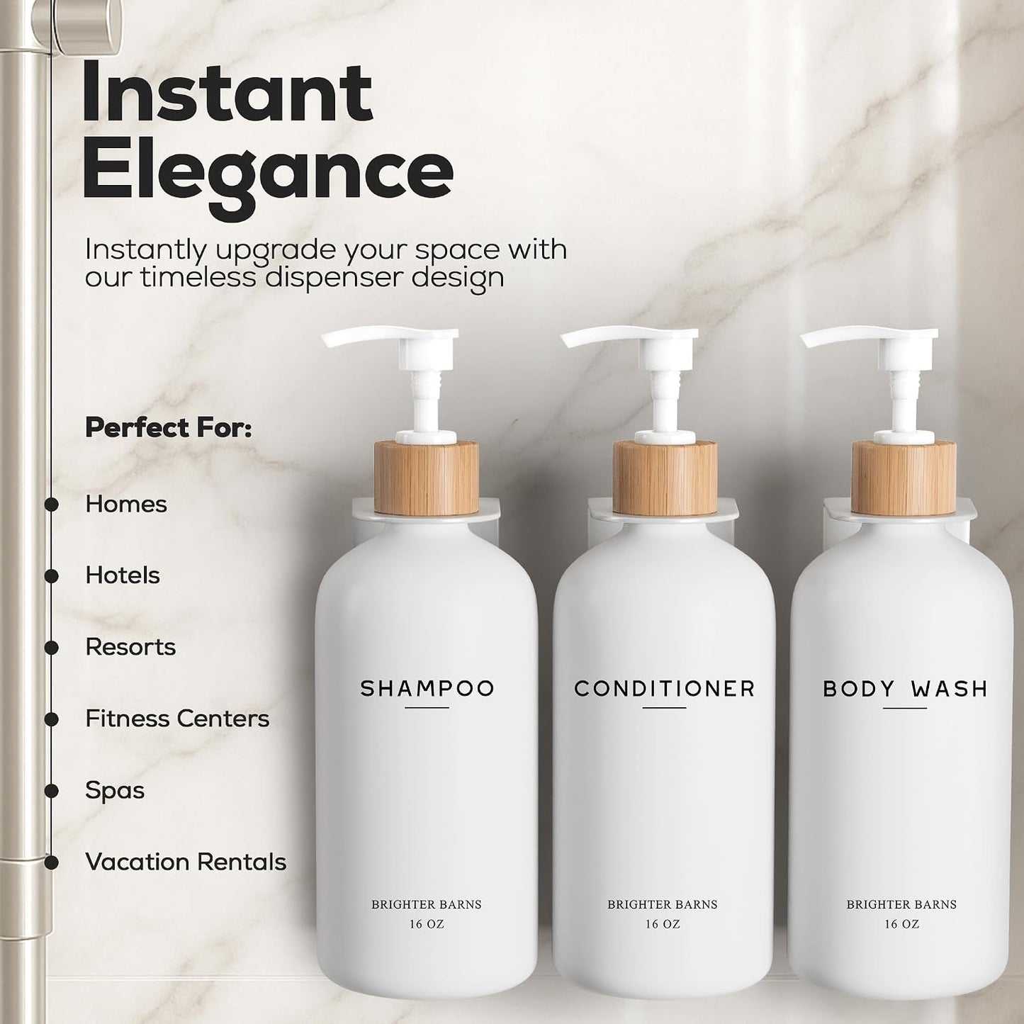 White Shampoo and Conditioner Dispenser Set Wall Mounted by Brighter Barns - Shower Dispenser 3 Chamber No Drill - Refillable Shampoo and Conditioner Bottles for Shower Wall in Airbnb, Hotel (White)