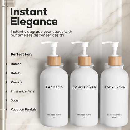 White Shampoo and Conditioner Dispenser Set Wall Mounted by Brighter Barns - Shower Dispenser 3 Chamber No Drill - Refillable Shampoo and Conditioner Bottles for Shower Wall in Airbnb, Hotel (White)