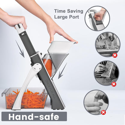 SupMaKin Safe Mandoline Slicer Plus for Kitchen Adjustable Vegetable Slicer | 0.1-8mm, Cut Resistant Stainless Steel Blades,Potato Fry Cutter, Onion Chopper, Detachable,Foldable Dishwasher Safe, Gifts