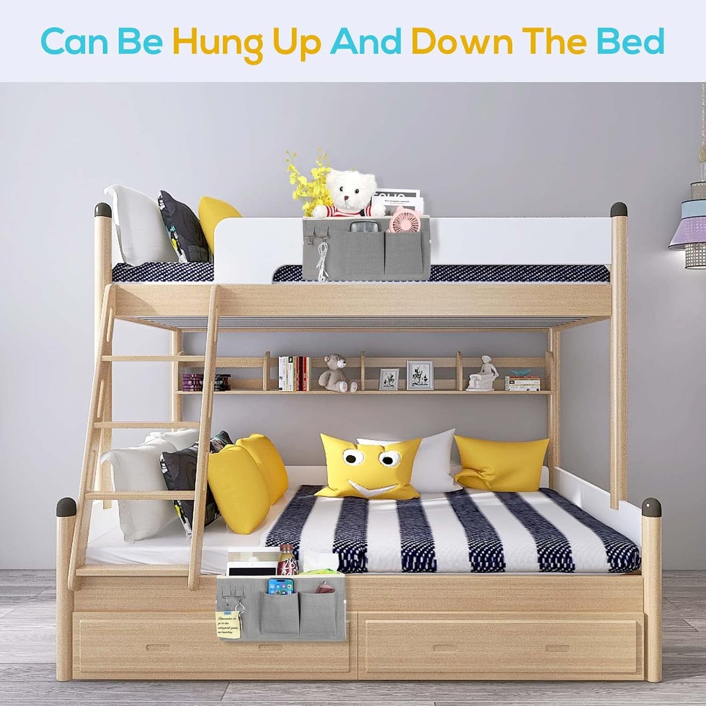 Kanrichu 1pcs Bedside Caddy Hanging Storage Bag, Organizer Baskets with Pockets for Bunk Bed Accessories, Loft & Dorm Rooms Chair Bed Rails (Grey-1pcs)