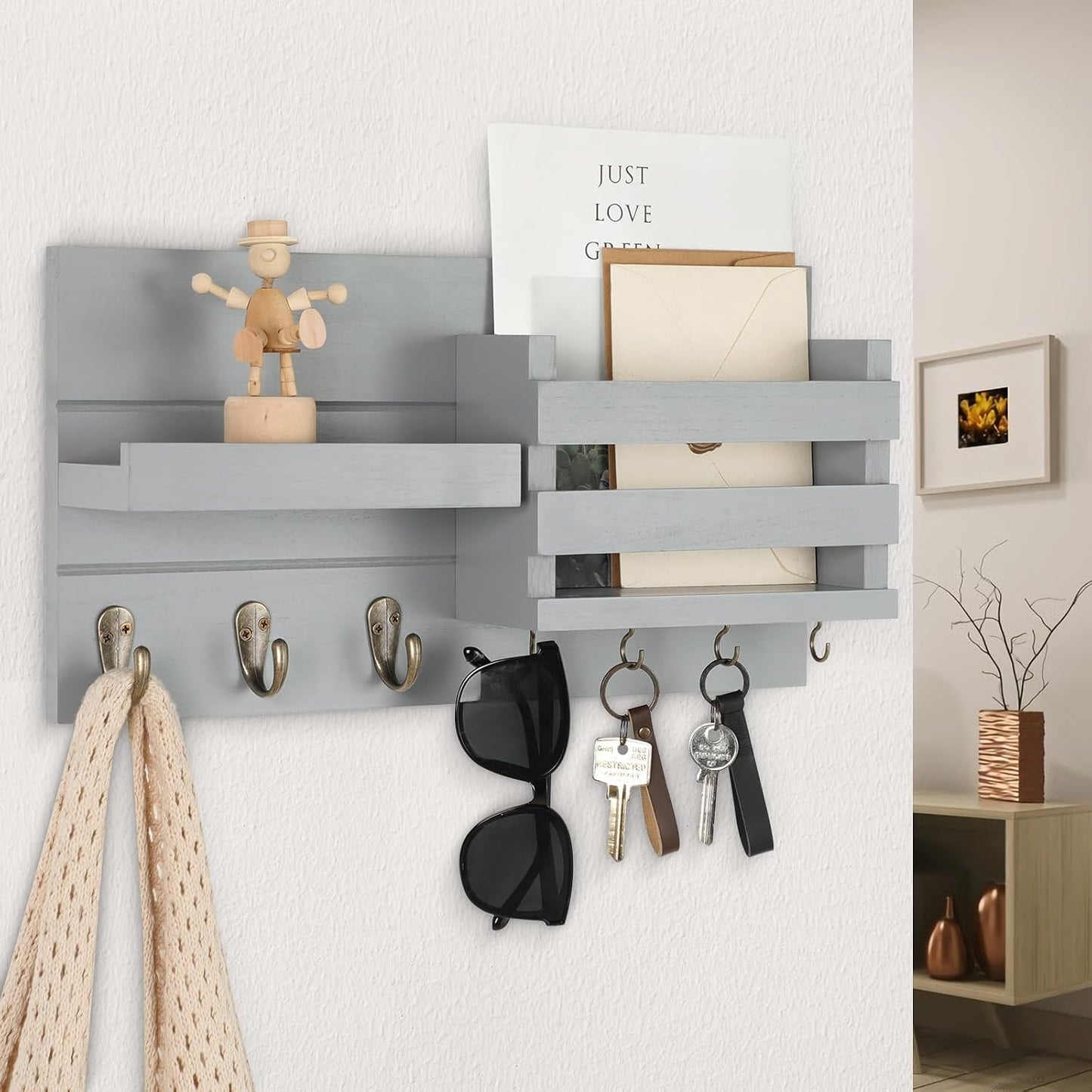 Lwenki Mail Organizer for Wall Mount – Key Holder with Shelf Includes Letter Holder and Hooks for Coats, Dog Leashes – Rustic Wood with Flush Mounting Hardware (16.5” x 8.7” x 3.5”)
