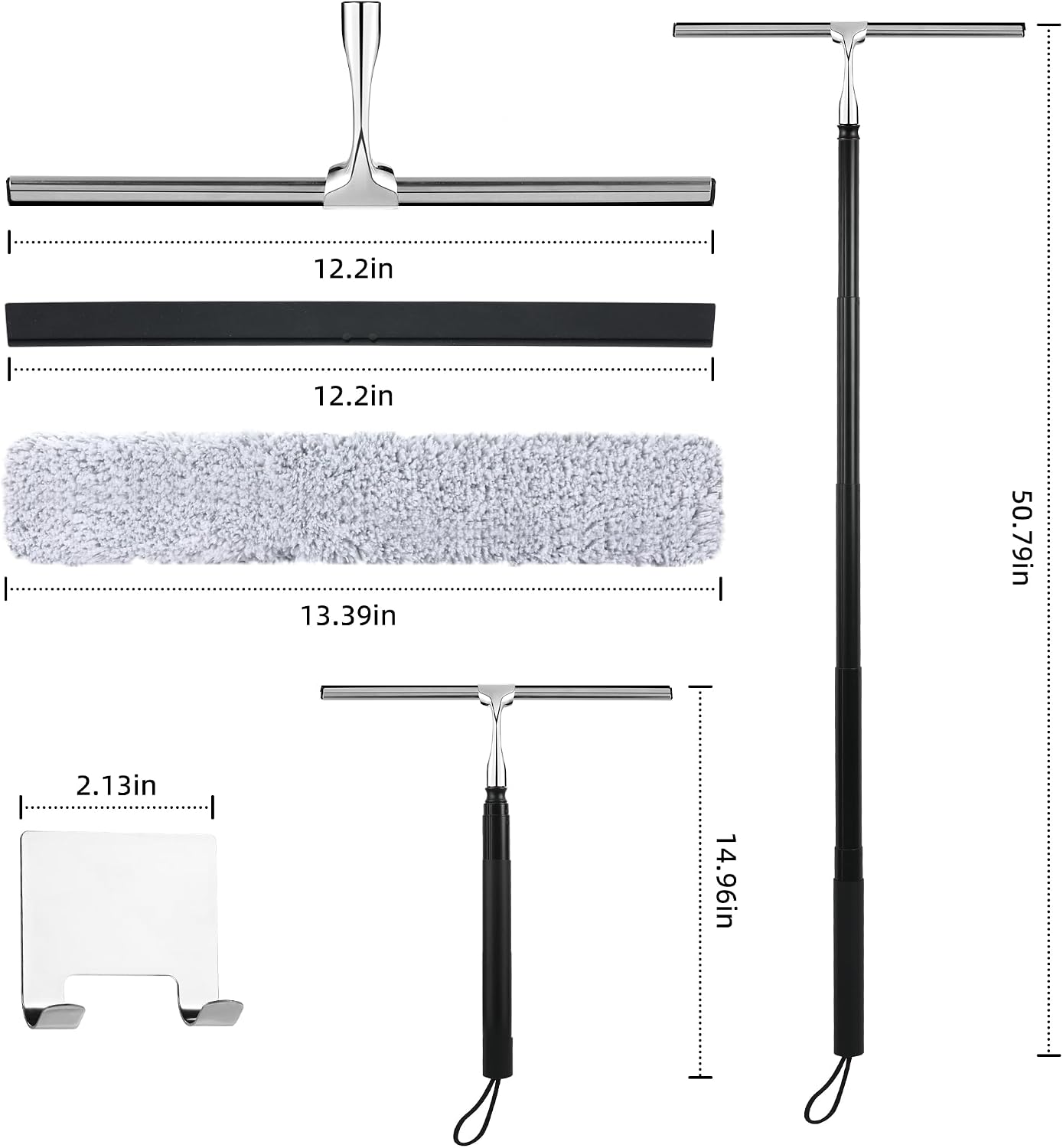 Toncoke 2 in 1 Window Squeegee, Shower Squeegee Window Cleaning Kit with Extension Pole Long Handle Squeegee for Shower Glass Floor Bathroom Home Outdoor, 12 inch Wide, Black