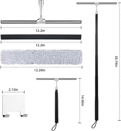 Toncoke 2 in 1 Window Squeegee, Shower Squeegee Window Cleaning Kit with Extension Pole Long Handle Squeegee for Shower Glass Floor Bathroom Home Outdoor, 12 inch Wide, Black